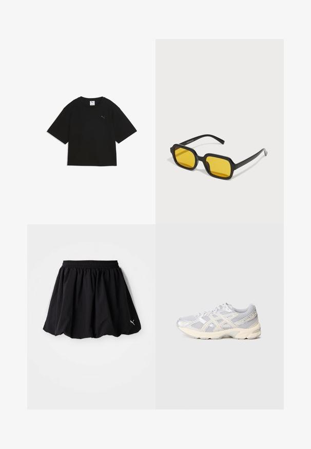 Sort kortærmet cropped t-shirt med rund hals og lille Puma-logo på brystet.; Sort atletisk nederdel med elastisk talje, der har hvide sidelister og et lille logo i kanten. Fremstillet af letvægtsstof.; Lys grå atletisk sko med en mesh-overdel, sølv accenter, rund tå og en polstret sål. Har et snørebånd design for en sikker pasform.; Sorte rektangulære solbriller med gule linser. Funktioner inkluderer tykke stel og kantet design med en glat, blank finish.