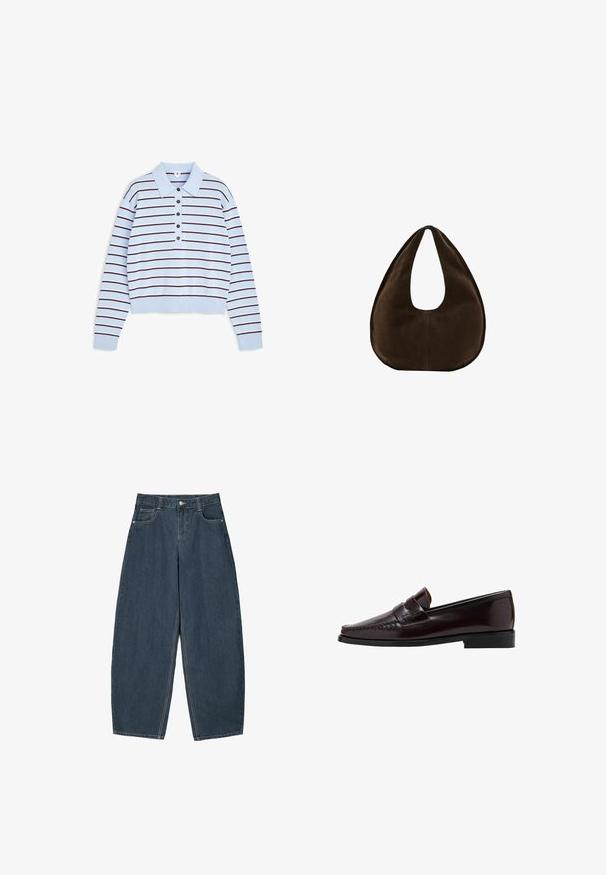 Lyseblå langærmet polosweater med mørke horisontale striber, ribbede manchetter og kant samt fem knapper ned langs frontslidsen.; Mørkeblå denim buede bukser med høj talje, som har fem lommer og synlige stingdetaljer. Ren, minimalistik design.; Brun læder loafersko med en mokkasinstil foran, hævet syning langs vampskæringen og en lav sort gummisål. Glat, poleret finish.; Mørkebrun ruskind skuldertaske formet som en halvmåne med en bred rem og glat tekstur på en hvid baggrund.