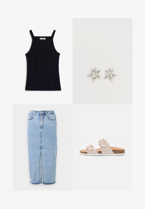 Sort ribbet top med smalle stropper, med en rund halsudskæring og lige kant. Etiketten læser "IVY OAK."; Lyseblå denim midi nederdel med knaplukning foran, frontslids, bæltestropper og to forlommer.; Beige slidesandaler med to justerbare stropper og guldfarvede spænder. Korksål med en struktureret hvid gummisål.; Sølv stjerneformede øreringe med en glat, poleret finish på en ensfarvet hvid baggrund.