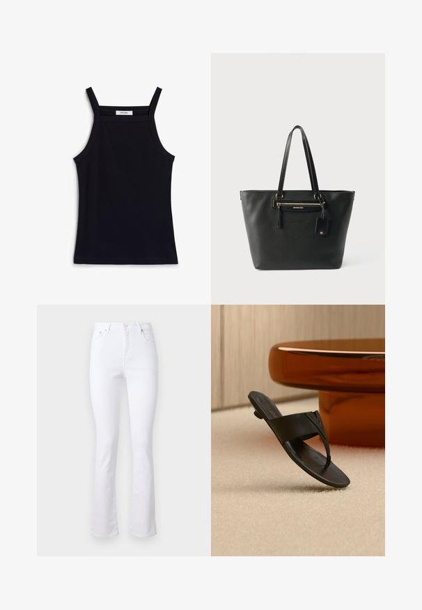 Top negro acanalado sin mangas con tirantes estrechos, presenta un escote redondeado y dobladillo recto. La etiqueta dice "IVY OAK."; Jeans flare de denim blanco con cintura alta, cuatro bolsillos y cierre de botón frontal. Presenta una textura suave y dobladillos limpios.; Sandalia negra de cuero tipo tanga con tacón bajo flotando sobre una alfombra beige cerca de una mesa redonda marrón en un entorno interior minimalista.; Bolso tote de cuero negro con dobles asas para el hombro, bolsillo delantero con cremallera y etiqueta colgante con detalles en herrajes de tono dorado.