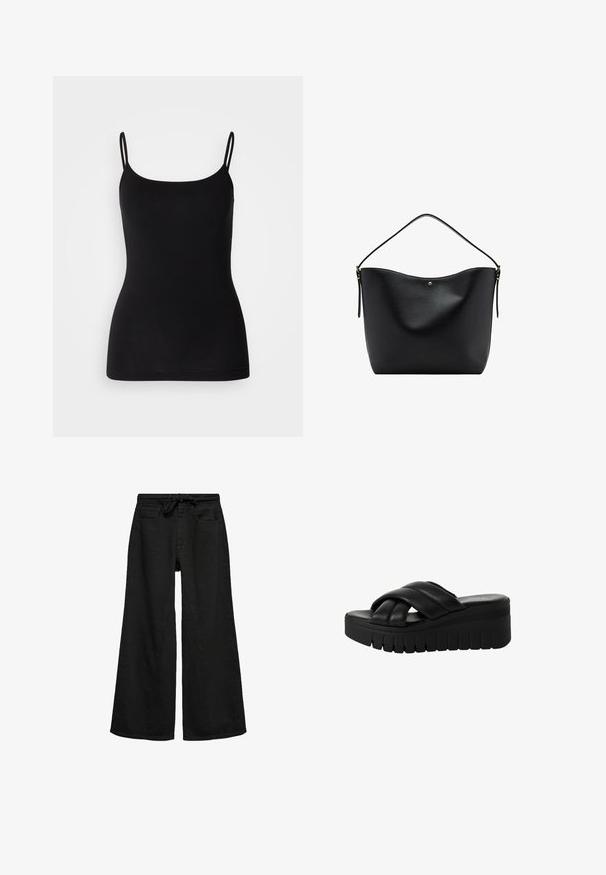 Camiseta de tirantes finos en color negro, fabricada en un tejido elástico y suave, con una silueta ajustada. Sin estampados ni adornos.; Pantalones vaqueros negros de pierna ancha con bolsillos frontales y cinturón atado en la cintura, exhibidos sobre un fondo blanco.; Sandalias de plataforma negras con tiras cruzadas de cuero suave, que cuentan con una suela gruesa y texturizada y una punta ligeramente redonda.; Bolso de hombro de cuero negro con una sola correa y detalles discretos en tono dorado, con un borde superior liso y ligeramente curvado.
