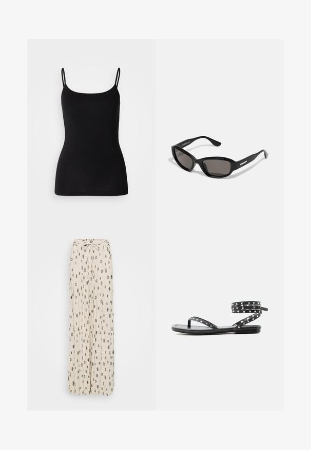 Débardeur noir avec des bretelles fines et ajustables, en tissu extensible lisse et à la silhouette ajustée. Pas de motifs ni de décorations.; Jupe maxi crème avec des motifs en losange noirs et floraux, en tissu plissé, avec un détail de taille à nouer et un design fluide.; Sandale plate noire avec fines lanières, clous argentés et fermeture à boucle enveloppant la cheville, sur un fond clair uni.; Lunettes de soleil noires avec une monture rectangulaire, des verres sombres, un matériau plastique lisse et un accent métallique sur la branche.