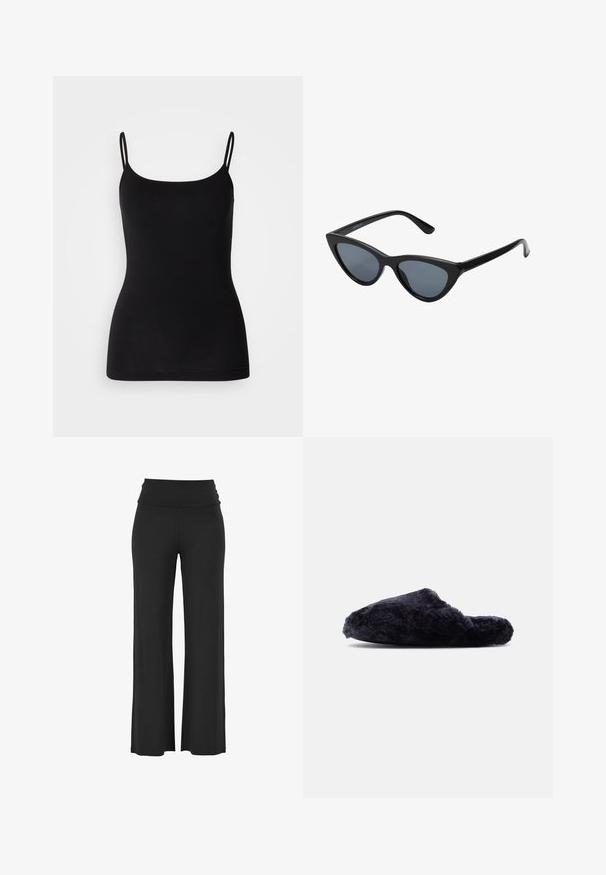 Sort camisole-top med tynde justerbare stropper, glat elastisk stof og en tæt silhuet. Ingen mønstre eller pynt.; Sorte, brede bukser med et højt, draperet talje bånd lavet af et blødt, strækbart materiale, der har glatte, jævne syninger og ingen synlige mønstre.; Sort, behåret slip-on tøffel med lukket tå og åben hæl, blødt tekstureret stof, vist i sideprofil på hvid baggrund.; Sorte katteøje solbriller med mørkegrå linser, slankt plastisk stel, spidse hjørner og lige stænger. Ingen synlig hardware eller dekorationer.