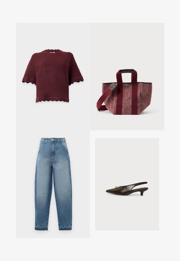 Bordeauxkleurige gebreide top met korte mouwen en geschulpte randen aan mouwen, zoom en halslijn, getoond op een effen achtergrond.; Lichtblauwe denim jeans met een hoge taille, losse pasvorm, vijfzakkenontwerp en rafelige zoom. Kenmerkt klassieke stiksels en een ritssluiting.; Donkerbruine lakleren slingback met spitse neus, kleine goudkleurige decoratieve bal en lage kittenhak, afgebeeld tegen een effen witte achtergrond.; Bordeaux tote bag gemaakt van textuurstof, met brede schouderbanden, een stevige basis en een contrasterende zwarte afwerking langs de bovenkant.