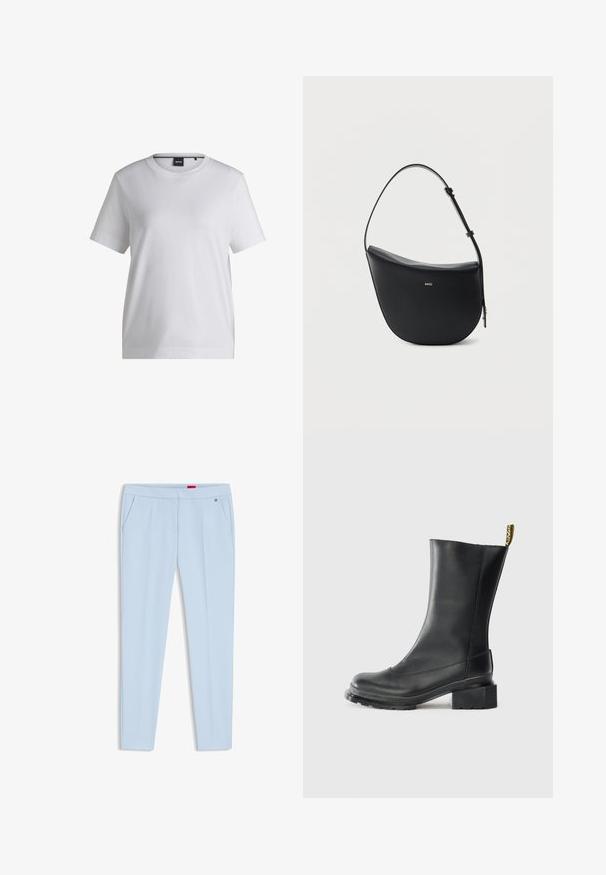 Witte katoenen t-shirt met een ronde halslijn, korte mouwen en een ontspannen pasvorm. Heeft een klein merketiket nabij de kraag.; Lichtblauwe, op maat gemaakte broek met zijzakken en een slanke, rechte pijpvorm, weergegeven tegen een witte achtergrond.; Zwarte leren enkellaars met een blokhak, gladde textuur, ronde neus en een haklus met gele branding.; Zwarte halfmaansvormige leren schoudertas met verstelbare riem en goudkleurig "BOSS"-logo middenvoor.