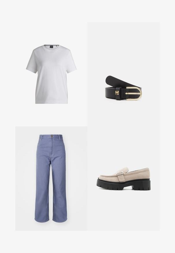 Camiseta de algodón blanca con cuello redondo, mangas cortas y un corte relajado. Presenta una pequeña etiqueta de la marca cerca del cuello.; Vaqueros de pierna ancha en azul claro, confeccionados en denim, que presentan una cintura alta, cierre frontal con botón y costuras visibles en los bolsillos y las costuras.; Mocasín de ante beige con hebilla plateada y suela negra gruesa y gruesa, vista lateral sobre fondo blanco.; Cinturón de cuero negro con hebilla de metal dorado, que presenta una textura suave y una longitud ajustable. Incluye un pequeño detalle de hardware cerca de la hebilla.
