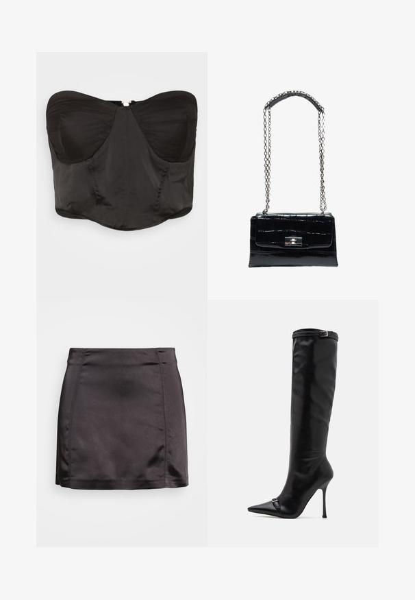 WAL G. NAYARA - Débardeur - black; Gina Tricot RIO SKIRT - Minijupe - black; Simmi London PALACE - Bottes - black; Sac à main en cuir noir à texture crocodile avec fermoir à verrou argenté et longue chaîne argentée avec patte d'épaule en cuir.