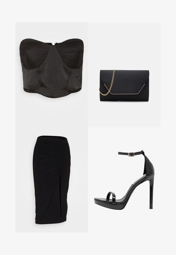 WAL G. NAYARA - Débardeur - black; Jupe crayon noire froncée avec détail à nouer et fente latérale. Fabriquée à partir d'un tissu extensible, elle présente une texture lisse et une coupe ajustée.; Steve Madden MILANO - Sandales à talons hauts - black; Pochette noire au toucher lisse, dotée d'une chaîne en or et d'une fermeture à rabat géométrique rehaussée de doré.