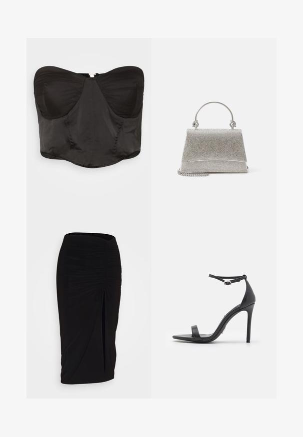 WAL G. NAYARA - Top - black; falda lápiz negra con fruncido, detalle de lazo y abertura lateral. Hecha de un tejido elástico, con una textura suave y un diseño ajustado.; Sandalias de tacón alto negras con punta abierta, tiras delgadas y hebilla en el tobillo. Textura de cuero suave con un diseño de punta afilada.; ALDO FELISIA - Bolso de mano - silver-coloured