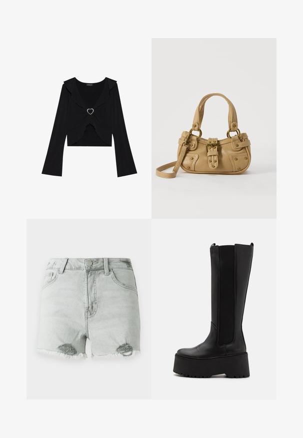 Haut noir à manches longues avec col froncé et accent métallique en forme de cœur à l'avant. Tissu doux, coupe courte et manches évasées.; Shorts en denim gris clair avec une taille haute, des détails déchirés et des ourlets effilochés, ainsi que deux poches avant. Le tissu semble doux et usé.; Botte noire montante en cuir lisse, avec des panneaux latéraux élastiques et une semelle épaisse à plateforme dotée d'un fond profilé.; Sac à main en cuir beige avec double poignées, boucle en laiton et détails rivetés, ainsi qu'une bandoulière réglable sur fond blanc.