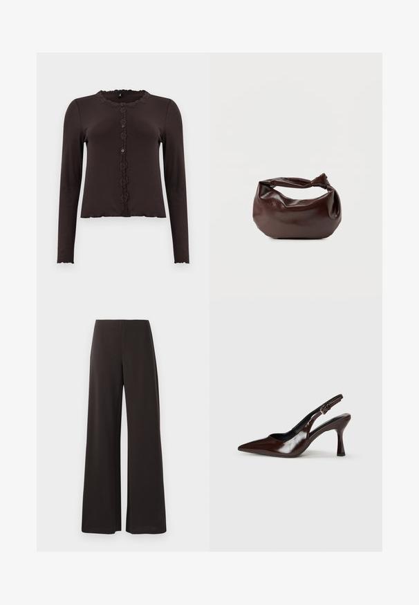 Top de manga larga marrón oscuro con textura acanalada, adornado con encaje en el escote y un frente abotonado con tres botones. Dobladillo con forma de ondas.; Pantalones de pierna ancha negros, hechos de una tela suave y elástica. Presentan una cintura alta y un diseño limpio y minimalista sin cierres visibles.; Zapatos de tacón slingback de charol marrón con punta afilada, tacón delgado y correa ajustable con una pequeña hebilla.; Bolso de hombro de cuero marrón oscuro con una forma suave y caída, y un asa con nudo torcido sobre un fondo blanco liso.