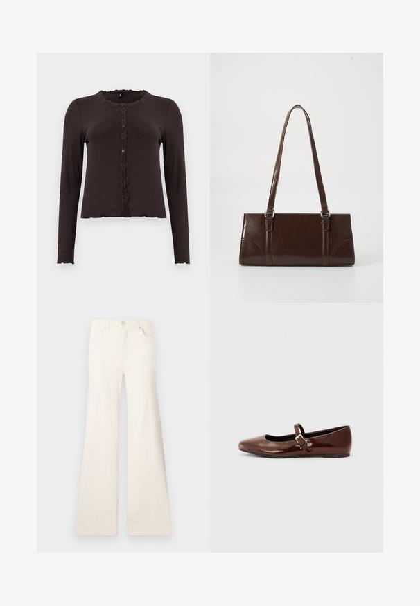 Haut long à manches marron foncé avec une texture côtelée, bordure en dentelle au niveau du col et un devant boutonné avec trois boutons. Ourlet festonné.; ONLY Wide-fit ONLMADISON High waist Wide Leg Fit - Wide Leg - ecru; Ballerine en cuir verni marron avec un bout carré et une lanière ornée d'une petite boucle dorée. Texture lisse, talon bas et design minimaliste.; Sac à main en cuir verni marron de forme rectangulaire, avec deux longues poignées et des accents courbés subtils à l'avant.