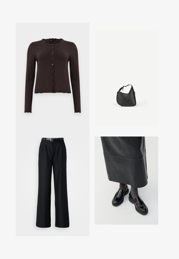 Tumepruun pikkade varrukatega topp, millel on soonikkoes, pitsääristega kaelus ja nupuga esikülg, kus on kolm nuppu. Lainejooneline hemline.; Mustad avarad püksid, mis on valmistatud siledast kangast, esiosa voldidega ja vastava musta vöödiga, millel on hõbedane pandla.; Mustad nahast loafertossud sileda pinnaga, dekoratiivse rihma, ümarate varvaste ja tekstuuriga tallaga. Kanda pikkade mustade nahkseelikutega.; Mustast nahast õlakott ümarate kolmnurksete vormidega ja reguleeritava rihmaga, ühel tasasel heledal taustal.