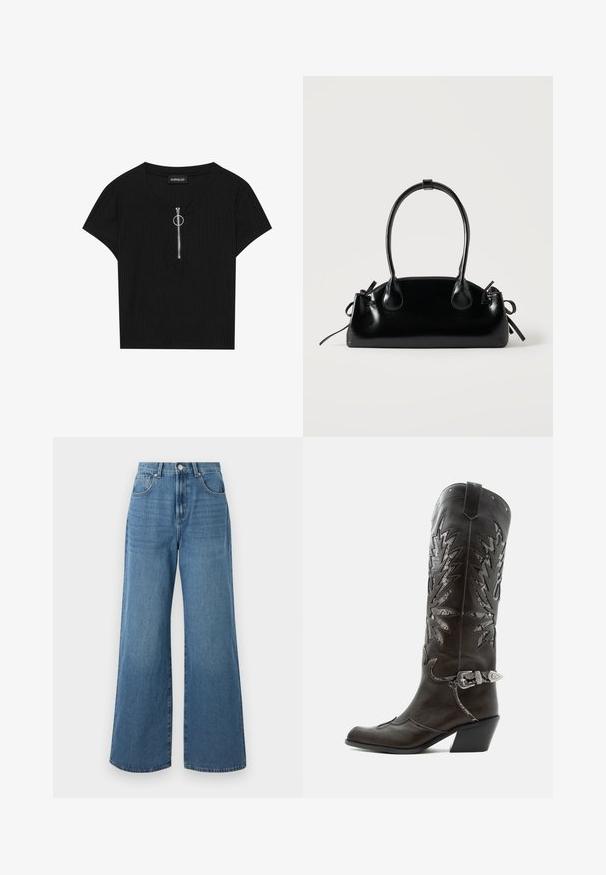 Haut noir à manches courtes côtelé avec un col rond et une fermeture éclair à l'avant avec un tirette en métal, fabriqué dans un tissu texturé.; Jeans en denim bleu à jambes larges avec une taille haute, comprenant des poches avant et arrière, et une fermeture à bouton à la taille. Texture lisse.; Botte de cowboy en cuir noir avec découpes décoratives, boucle argentée et talon incliné, présentée sur fond blanc.; Petit sac à main noir brillant avec deux longues anses et des détails à cordon sur les côtés sur un fond clair uni.