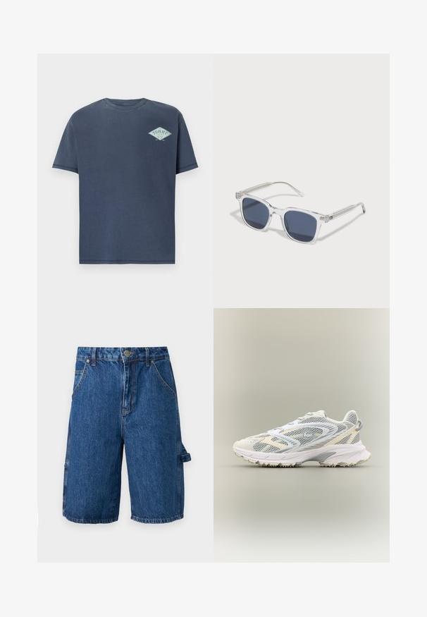 T-shirt en coton bleu marine avec un col rond et des manches courtes. Présente un logo en forme de diamant bleu clair sur la poitrine gauche. Texture douce.; Shorts en denim d'une couleur bleu moyen, dotés d'une taille haute, de deux poches avant et d'une poche latérale avec une sangle. Texture lisse, design décontracté.; Chaussure de sport blanche avec des panneaux en mesh gris, des superpositions texturées, un col rembourré et une semelle en caoutchouc dotée de petites pointes de traction.; Lunettes de soleil en plastique transparent avec des verres bleu foncé, de forme rectangulaire, dotées d'accents décoratifs en argent sur les branches et d'un motif texturé sur les tempes.
