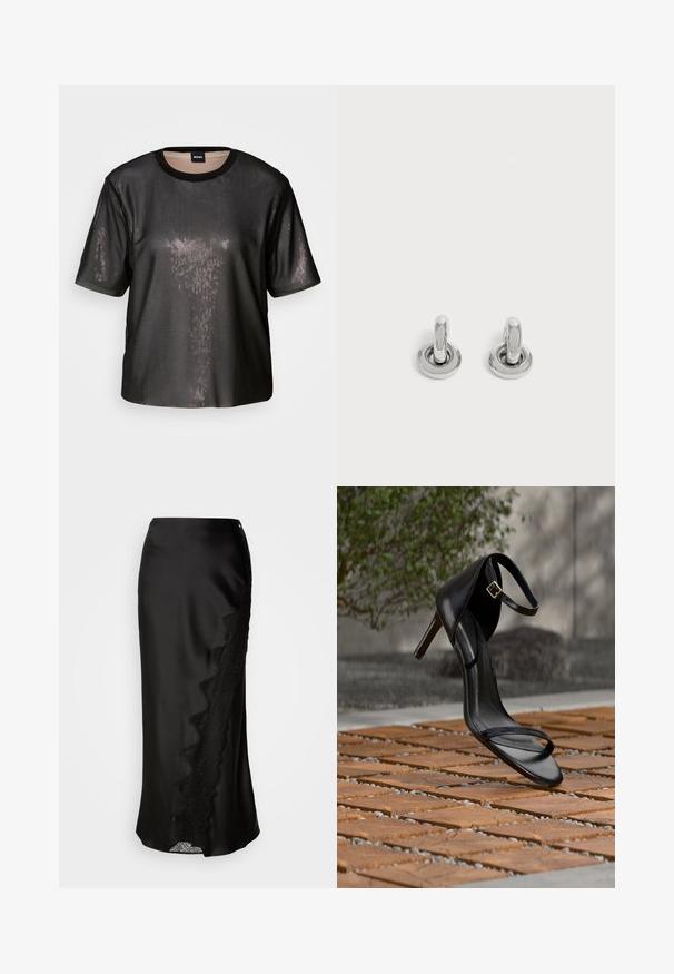 Camiseta negra de manga corta con un acabado texturizado y brillante, cuello redondo y corte holgado. Presenta sutiles lentejuelas para un aspecto reflectante.; Falda de satén negro con un acabado texturizado, dobladillo de encaje en un lado y una silueta recta. Incluye una abertura lateral discreta y cierre.; Sandalia negra de tacón alto con correa en el tobillo, parece suspendida sobre un suelo de baldosas de madera al aire libre, con un fondo difuminado de vegetación y piedra.; Par de pequeños pendientes de aro plateados brillantes con base redonda, exhibidos sobre un fondo claro y liso.