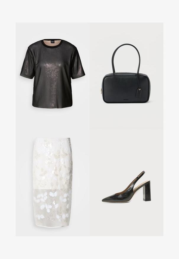 Camiseta negra de manga corta con un acabado texturizado y brillante, cuello redondo y corte holgado. Presenta sutiles lentejuelas para un aspecto reflectante.; Falda hasta la rodilla en crema con un patrón de lentejuelas florales. Capa superior semitransparente, forrada por debajo. Textura suave con varios adornos blancos.; Zapato slingback de piel negra con puntera puntiaguda, tacón alto y ancho, y forro interior beige sobre un fondo claro y liso.; Bolso rectangular negro con asas dobles redondeadas, cremallera dorada y logo "HUGO" en relieve en el frente con etiqueta de cuero adjunta.
