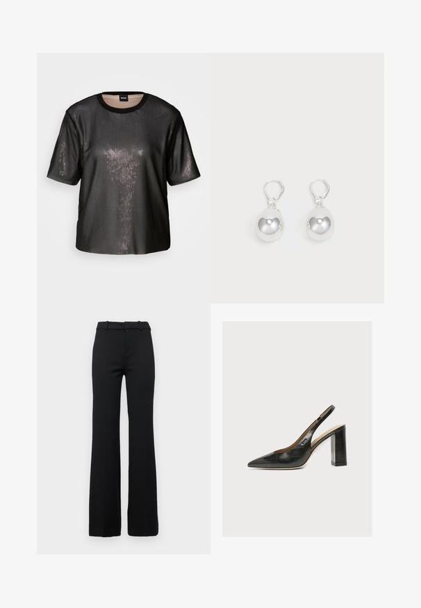 Schwarzes kurzärmeliges Top mit einer strukturierten, glänzenden Oberfläche, runder Halslinie und lockerer Passform. Mit feinen Pailletten für ein reflektierendes Aussehen.; Schwarze taillierte ausgestellte Hose mit glatter Textur, ausgestattet mit einem Bund mit Gürtelschlaufen und einem Reißverschluss vorne.; Schwarzer Leder-Damenslingback-Schuh mit spitzer Zehenpartie und dickem hohem Blockabsatz vor weißem Hintergrund.; Silberne Tropfenohrringe mit glatten, runden, reflektierenden Oberflächen, die an Hakenverschlüssen hängen. Der Hintergrund ist reinweiß.