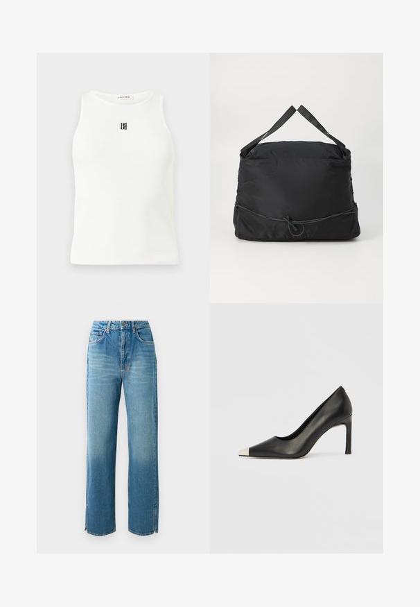 Débardeur blanc côtelé sans manches avec un col rond et un petit logo noir brodé centré sur la poitrine.; Jeans en denim bleu clair avec une taille haute, coupe droite et fentes sur l'ourlet. Dispose d'un design traditionnel à cinq poches et d'une fermeture à bouton.; Chaussure à talon haut en cuir noir avec bout pointu et capuchon argenté métallique. Présente une finition lisse et un talon fin de 10 cm.; Sac en tissu noir de forme carrée, avec des bretelles ajustables et une fermeture à cordon. Présente une texture lisse et un design minimaliste.