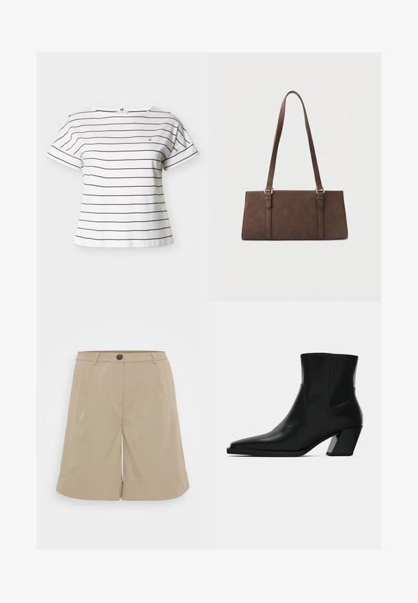 Hvid T-shirt med korte ærmer og rund hals med tynde vandrette sorte striber og en lille broderet logo på brystet.; Khaki shorts lavet af letvægtsstof, med flad front, plisseringer, knaplukning og rullede nederkanter. Simpelt og skræddersyet design.; Sortlæder ankelstøvle med spids tå, en slank silhuet og en kraftig firkantet hæl. Glat tekstur med minimale stikninger.; Brun rektangulær skuldertaske med lange stropper og minimale syningsdetaljer på en ensfarvet baggrund.