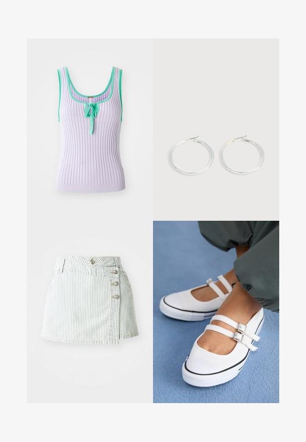 Lavendel ribaga tank top, mille rohelised äärised ja keskel seotud detail. Toppide disain, millel on õlavabad varud ja sobiv siluett. Pehme tekstuur.; Hele sinine triibuline teksaseelik, millel on mähkmise disain, viie dekoratiivse nupuga küljel ja sile tekstuur.; Valged kangast jalanõud kahe reguleeritava rihmaga, must kapuuts ja tekstureeritud kummist tald. Kannab laiu rohelisi pükse sinisel pinnal.; Paari läikiva hõbedase rõngaskujulise kõrvarõngastega, millel on õhukesed traatlukkud, kuvatud heleda halli taustal.