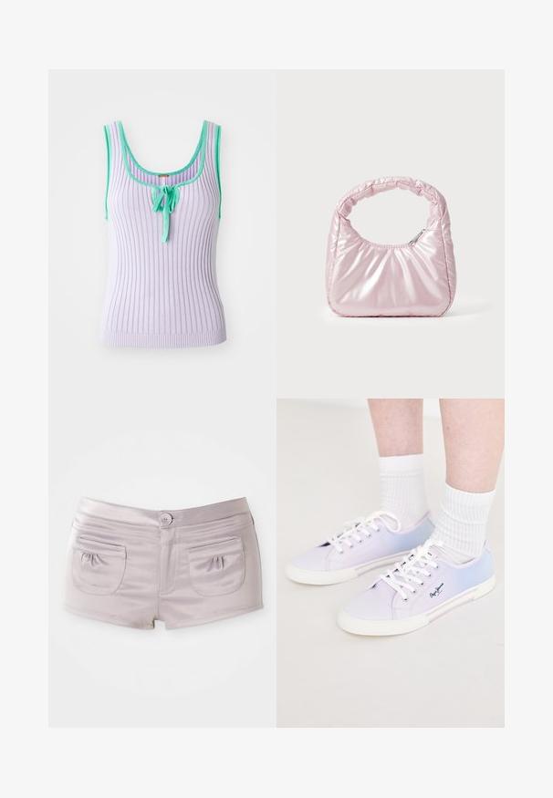 Débardeur lavande à côtes avec garniture verte et un détail de lien central. Design sans manches avec une silhouette ajustée. Texture douce.; Shorts violet clair en tissu lisse et brillant, avec deux poches à l'arrière et une fermeture à bouton à l'avant avec une taille plate.; Baskets en toile violet clair et bleu avec des lacets blancs et des semelles en caoutchouc, présentant un logo sur le côté et des panneaux de couleur contrastante.; Sac à main rose rembourré avec un design arrondi, fabriqué à partir d'un matériau brillant. Dispose d'une poignée froncée et d'une fermeture éclair pour un accès sécurisé.