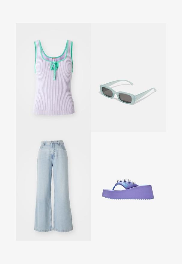 Lavendel ribaga tank top, mille rohelised äärised ja keskel seotud detail. Toppide disain, millel on õlavabad varud ja sobiv siluett. Pehme tekstuur.; Heledad sinised laiad teksad, mis on valmistatud denimist. Omada kõrget vööd, esist nupuga kinnitamist ja kahte külgtaskut. Kulunud tekstuur servadel.; Lilla platvormiga flip-flop sandaal hõbedaste liblikakaunistustega rihmal ja tekstuurse taldaga.; Kaks ümmargust päikeseprilli, millel on helesinised poolläbipaistvad raamid ja tumehallid objektiivid, sirged tempud ja minimaalsete detailidega riistvara.