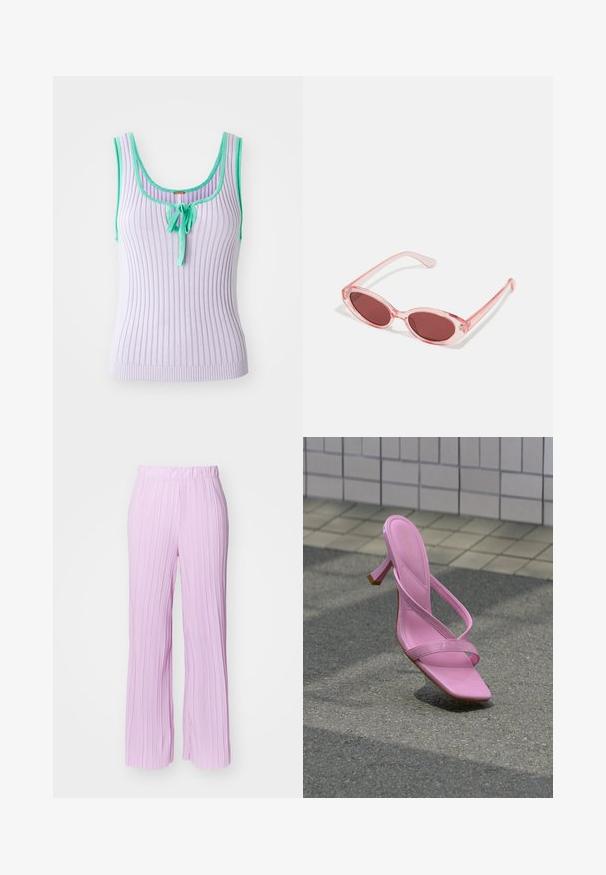 Lavendel ribaga tank top, mille rohelised äärised ja keskel seotud detail. Toppide disain, millel on õlavabad varud ja sobiv siluett. Pehme tekstuur.; Heledad roosa pleeditud pükste disain, laia jala ja elastse vöökohtaga, millel on vertikaalne tekstuur ja sile viimistlus.; Roosa kõrgete kontsadega sandaal, millel õhukesed rihmad ja kandiline varvasteosa, asetatud asfaldile plaaditud seina taustal.; Roosa läbipaistvusega prillid ovaalsete läätsedega, tumepunase varjundiga ja peenikeste varsidega, millel on sile viimistlus ja peened detailid raamile.
