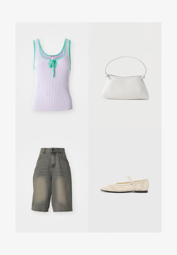 Laventeli raidoitettu hihaton paita vihreällä reunuksella ja keskellä solmittava yksityiskohta. Hihaton malli, joka on tiukka istuinen. Pehmeä tekstuuri.; Jaded London LIGHT WASH JUMBO JORTS - Farkkushortsit - light wash; Beige ballerinat kengät, joissa on terävä kärki,verkkomuotoilu päällyste ja sivuinen solkihihna. Tasapohja, jossa on sileä pinta.; Valkoinen kudottu nahkalaukku pyöreällä kahvalla ja solmukoristeisilla hihnoilla, esillä yksinkertaista taustaa vasten.