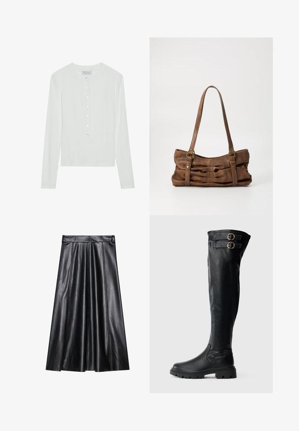 Haut à manches longues blanc en tissu côtelé, avec un col rond et un devant boutonné comportant six boutons transparents.; Jupe A-line en cuir noir avec plis, présentant une texture lisse, une taille cintrée et des détails de couture visibles. Aucun accent supplémentaire.; Bottes noires montantes au-dessus du genou en cuir lisse. Elles présentent deux boucles métalliques, une semelle en caoutchouc épaisse et un design élégant.; Even&Odd Sac à main - brown