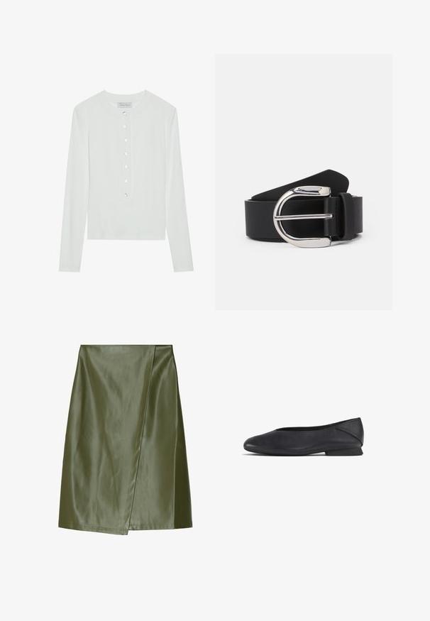Hvid langærmet top lavet af ribbet stof, med en rund halsudskæring og en knaplukning foran med seks klare knapper.; Oliven grøn faux læder mini skirt med et diagonalt omslagdesign, glat tekstur og pæne syninger langs kanterne.; Sorte læder flade sko med rund tå og lav hæl, designet til både casual og formelt brug.; Sorte læderbælte med en sølvfarvet metalspænde, der har en glat tekstur og et klassisk design. Remmen er 3,8 cm bred.