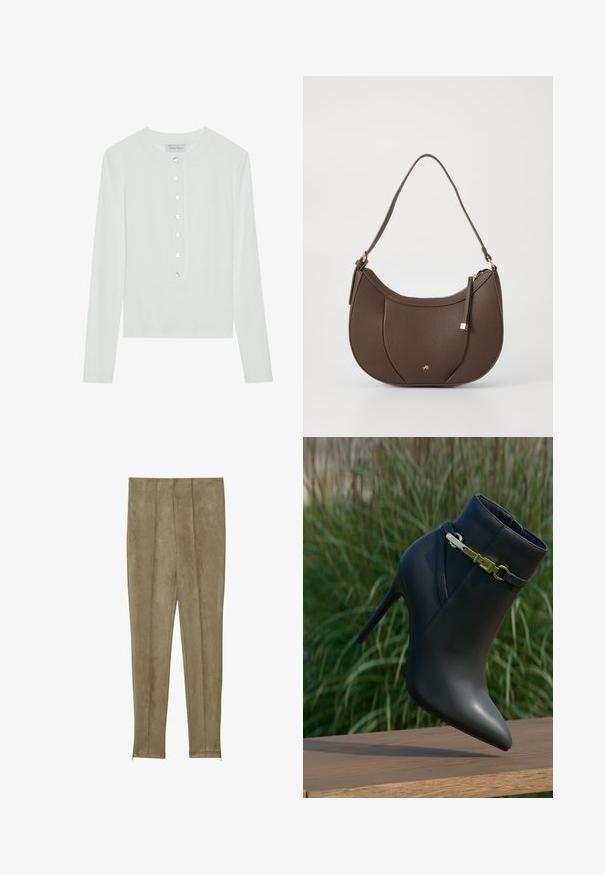 Valge pika varrukaga särk, valmistatud ribakanga iseloomuga, ümmarguse kaelusega ning ees olevate kuue läbipaistva nupuga.; Khaki faux suede püksid vertikaalsete õmblustega ja kitsaste vääntustega, millel on sile tekstuur ja istuv siluett.; Mustad mustakäikuga king, terava nina ja kuldse pandlaga, paigutatud puidust pinnale rohelise lehestiku taustal.; Pruunist nahast õlavarre kott, millel on kaarjas kujund ja millel on väike kullast detail ning tekstuuriga pind, varustatud tõmblukuga.