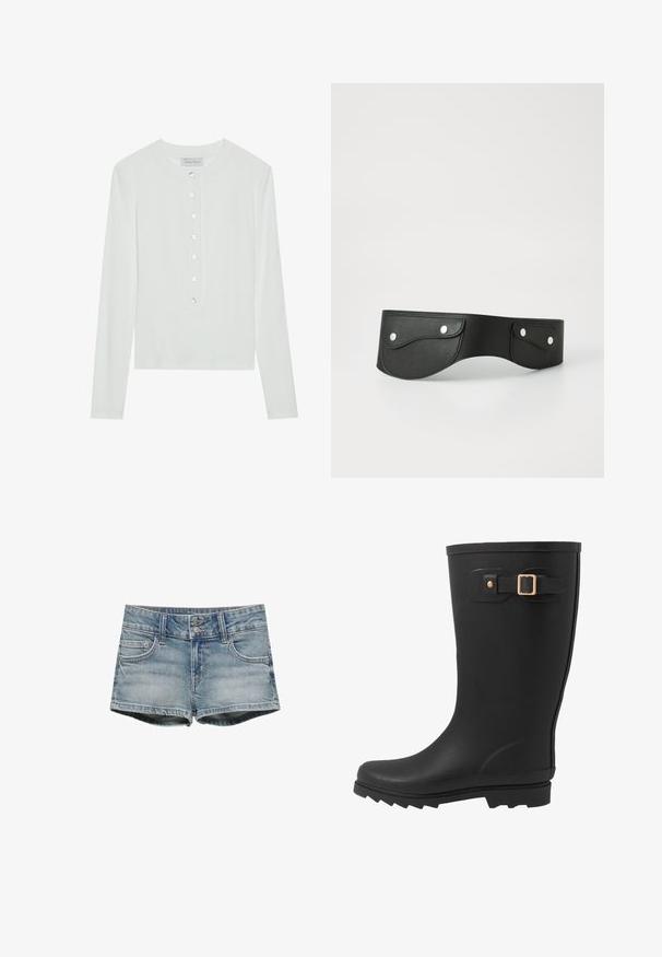 Hvid langærmet top lavet af ribbet stof, med en rund halsudskæring og en knaplukning foran med seks klare knapper.; Lyseblå denimshorts med to forlommer, bæltestropper og dobbelt metalknaplukning på hvid baggrund.; Sort gummistøvle med rund tå, tekstureret sål og en sidestrapdetalje med en guldspænde akcent.; Sort læderbælte med to runde lommer, sikret med sølvtrykknapper. Glat tekstur, let buet design.