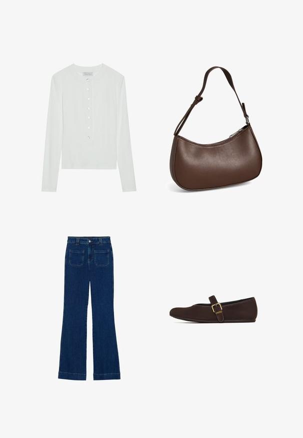 Witte lange mouwen top van ribstof, met een ronde halslijn en een knopenfront met zes doorzichtige knopen.; Donkerblauwe denim flared jeans met een gladde textuur, vijf zakken en een knoopsluiting aan de taille.; Bruine platte schoen met een ronde neus, een bovenwerk van glad leer en een dunne band over de wreef die is vastgezet met een gouden gesp.; Kleine bruine leren schoudertas met verstelbare band en ritssluiting, getoond tegen een witte achtergrond. Geen zichtbaar merk of versieringen.