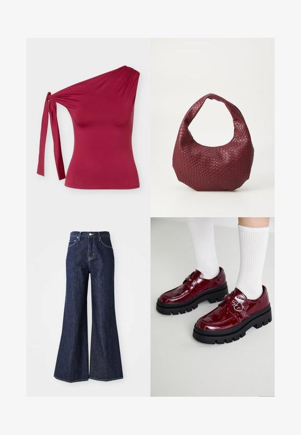 Eénschouder mouwloze kastanjebruine top met detail van knoop aan de zijkant en aangesloten silhouet tegen een effen lichtgrijze achtergrond.; Donker denim flared jeans met een hoge taille, voorzien van een knoop- en ritssluiting. Witte stiksels en brede pijpen creëren een gestructureerd silhouet.; Bordeaux patent leren schoenen met een dikke zwarte zool, dubbele band met hartdetail en geribbelde witte sokken. Retro ontwerp met dikke grip.; Geweven bordeaux handtas met een afgeronde silhouet, een enkele handgreep en een gestructureerde afwerking. Ritssluiting aan de bovenkant.