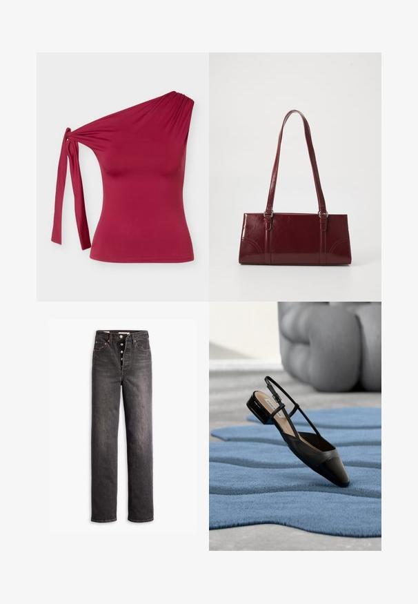 Lynløs one-shoulder top i vinrød med knudedetalje i siden og tætsiddende silhuet mod en ensfarvet lys grå baggrund.; Sorte højtaljede jeans med lige ben-design, lavet af denim. Features en knaplukning, kobberdetaljer og kontrastsyninger.; Sort laklædersko med slingback og lav blokhæl, hvilende på et tekstureret blåt bølgemønster tæppe og gråt polstret møbel.; Bordeaux håndtaske lavet af glansfuldt materiale, rektangulær form, med to skulderremme og subtile buede detaljer på forsiden.