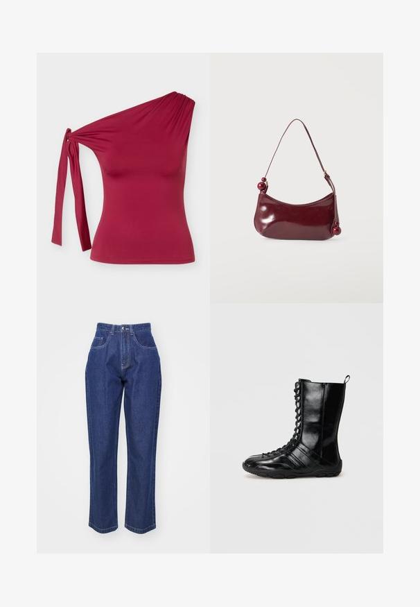 Haut bordeaux sans manches à une épaule avec détail d’un nœud sur le côté et silhouette ajustée sur un fond gris clair uni.; Jean en denim bleu foncé à taille haute, jambe droite, cinq poches et surpiqûres contrastées. Design classique avec une texture lisse.; Bottes en cuir noir avec une tige haute, devant lacé, semelle en caoutchouc et panneaux texturés. Offre une boucle pour un enfilage facile.; Petit sac à épaule rouge foncé brillant avec un bord supérieur incurvé et des perles rondes décoratives aux extrémités de la bandoulière.