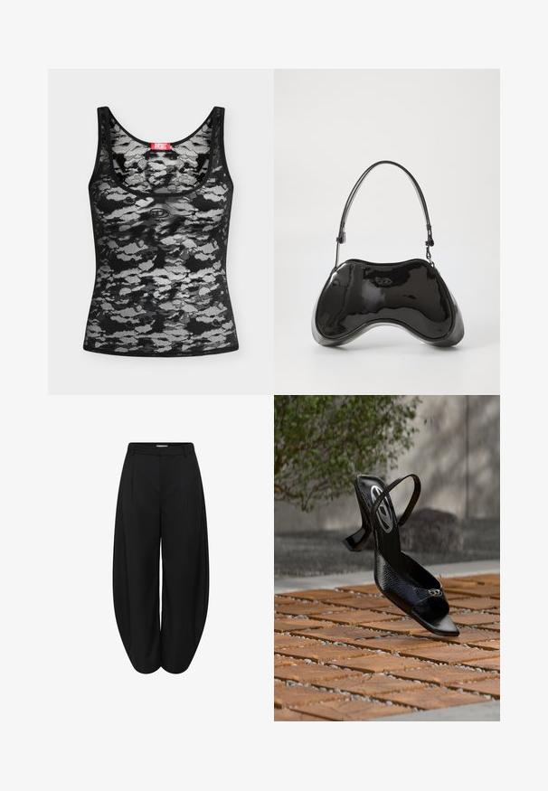 Top de encaje blanco y negro sin mangas con patrón abstracto de camuflaje y una etiqueta roja de la marca Diesel en el escote, colocado plano sobre fondo blanco.; Pantalones cortos de pierna ancha negros con cintura alta y plisados delanteros, con trabillas para cinturón y cierre delantero oculto.; Zapato de tacón alto negro con tiras traseras, patrón texturizado y pequeño emblema en la punta, flotando sobre un suelo de baldosas de madera al aire libre.; Bolso de mano de piel sintética negra con un diseño curvado único, asas cortas y ajustables, y abertura con cremallera en la parte superior. Textura suave con una sutil marca.