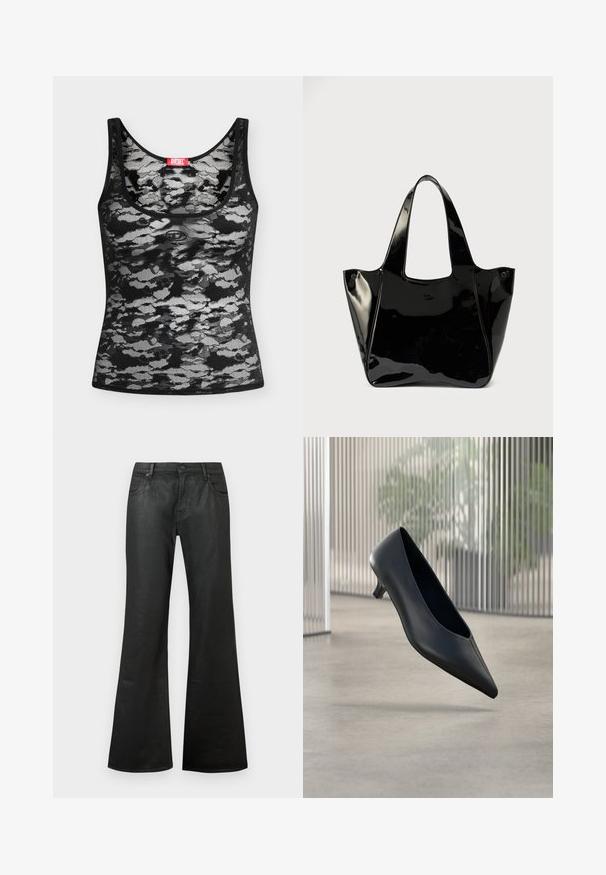 Mouwloos zwart-wit kanten hemdje met abstract camouflagepatroon en een rood Diesel-merklintje bij de halslijn, plat neergelegd op een witte achtergrond.; Zwarte flare jeans van denim met een soepele textuur, standaard taille, vijf zakken en een knoopsluiting.; Zwarte kitten heel schoen met puntige neus die boven een gladde betonnen vloer zweeft, met verticale doorschijnende panelen op de achtergrond.; Zwarte glanzende leren totebag met brede handvatten en een klein ovaal logo aan de voorkant, weergegeven tegen een effen achtergrond.