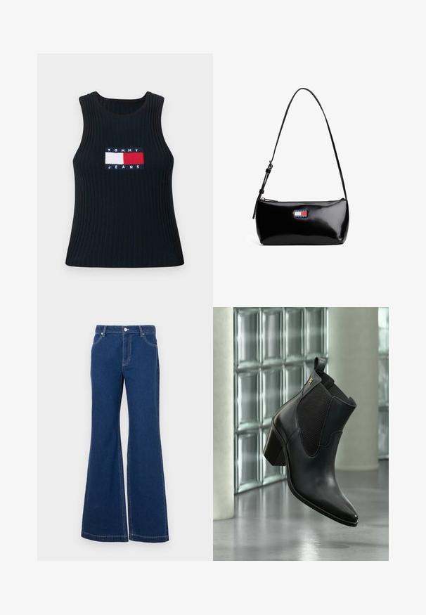 Camiseta sin mangas azul marino de canalé con cuello redondo, que presenta un parche bordado en rojo, blanco y azul con la inscripción "TOMMY JEANS" en el frente.; Jeans acampanados de un azul oscuro, fabricados en denim. Incluyen bucles para cinturón, bolsillos frontales y costuras en contraste. Apertura de pierna amplia.; Botín negro de cuero con tacón bloque y panel lateral elástico, flotando en interiores frente a una pared de bloques de vidrio y suelo de hormigón.; Bolso de hombro de charol negro con una correa curva, cierre de cremallera y un parche de logo rectangular en rojo, blanco y azul.