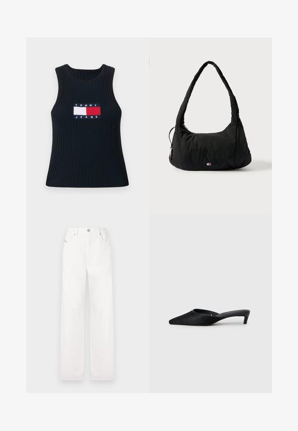 Geribbelde marineblauwe tanktop met een ronde hals, voorzien van een geborduurd logo-embleem in rood, wit en blauw met de tekst "TOMMY JEANS" op de voorkant.; Witte katoenen wijde broek met een klassiek vijf-pocketontwerp en een metalen knoopsluiting, met subtiele stikdetails.; Zwarte suède muilen met een spitse neus en een lage hak. Heeft een gladde textuur en een open achterkant voor gemakkelijk aan- en uittrekken. Eenvoudig ontwerp zonder patronen.; Zwarte nylon schoudertas met een gebogen handvat, een ritsvak en een klein logo aan de voorkant; opgeblazen textuur met een zachte, afgeronde vorm.