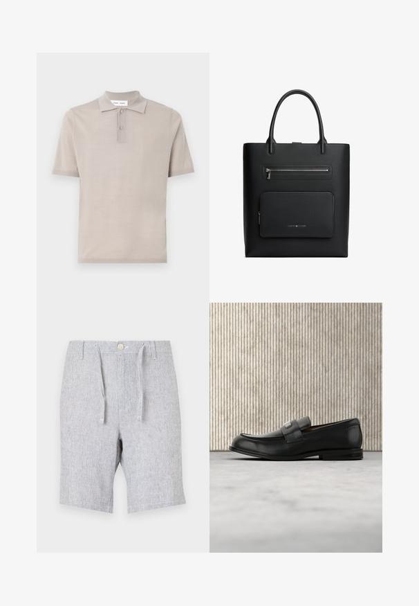Kortærmet polo-shirt i lys beige bomuld, med klassisk krave, to-knaps placket og en glat, struktureret finish.; Lys grå shorts lavet af struktureret stof, med snoretræk og knaplukning, to sidelommer og lige ben design.; Sort læderloafer med metalbrandskilt hvilende nær et brunt rundt bord på beige tæppe.; Sort rektangulær tote-taske med to håndtag, med en toplynlåslomme og en frontlynlåslomme med diskret mærkelogo.