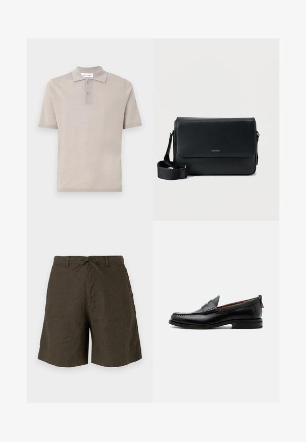 Polo à manches courtes en coton beige clair, avec un col classique, une patte de boutonnage à deux boutons et une finition lisse et texturée.; Shorts en khaki en lin, avec une taille à cordon, des poches latérales et une coupe décontractée avec une texture lisse.; Mocassin homme en cuir noir avec couture moc toe, bride penny, col texturé et petit talon empilé sur fond blanc.; Sac messager en cuir noir à surface texturée, avec une bandoulière ajustable et un rabat avant affichant un logo discret. Forme compacte et rectangulaire.