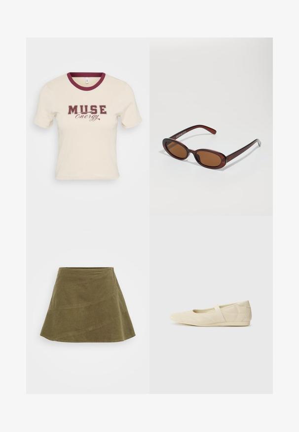 Korte mouwen crèmekleurig T-shirt met een bordeauxrode geribbelde kraag en de tekst "MUSE Energy" in een donker bordeauxrode lettertype gecentreerd op de voorkant.; Olijfgroene corduroy rok, A-lijn vorm, textiel met textuur, heeft een gladde tailleband en naaddetails.; Beige ballerina's met een gladde leren buitenkant, amandelvormige punt en elastische band over de wreef, met subtiele stiksels.; Ronde, bruin getinte zonnebril met een glanzend bordeauxrood frame. Slanke pootjes met subtiele merkdetails. Vlakke lensontwerp.