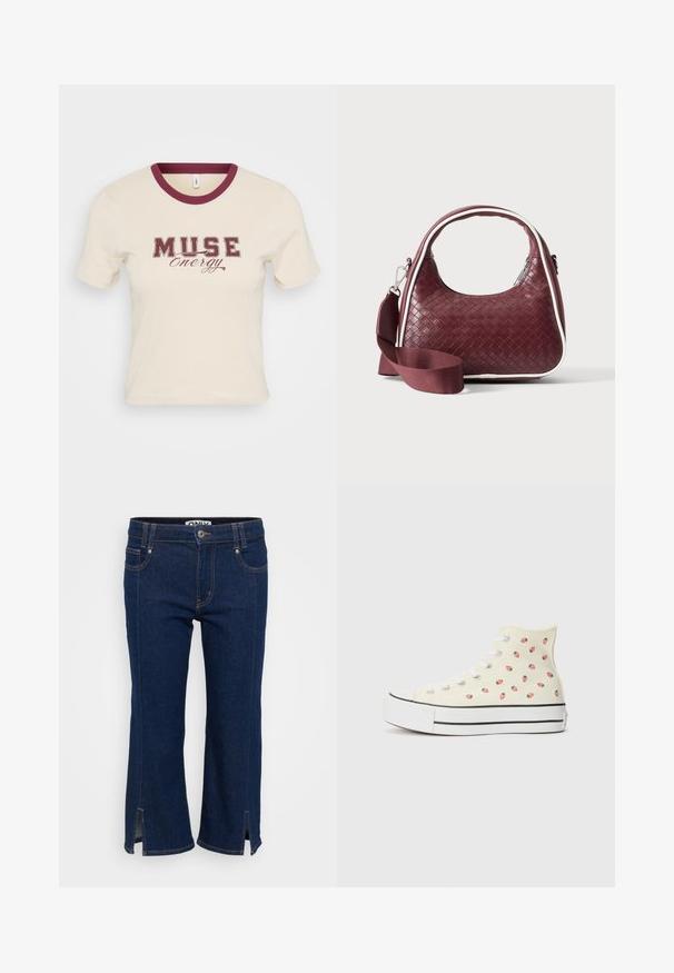 T-shirt crème à manches courtes avec un col côtelé bordeaux et un graphisme "MUSE Energy" en police bordeaux foncé, centré sur le devant.; Jean en denim bleu foncé raccourci avec des fentes sur les côtés à l'ourlet, des coutures orange contrastantes et une fermeture à bouton à la taille.; Des baskets montantes en toile jaune, ornées d'un motif de petites fraises rouges, avec des lacets blancs et une semelle blanche rayée de noir.; Sac à main en cuir tressé marron foncé avec poignée courbée, garniture blanche, fermeture éclair argentée et bandoulière large en tissu amovible sur fond uni.
