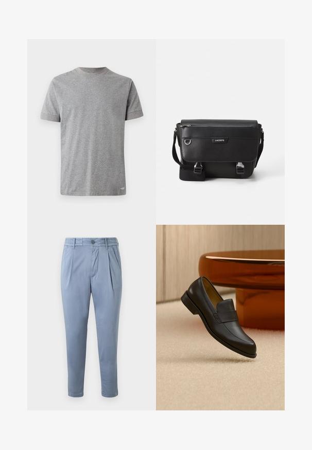 T-shirt gris à manches courtes en coton doux. Il présente un col rond avec une bordure contrastante et un ourlet droit en bas.; Pantalons bleu clair, fuselés, en tissu lisse avec un devant plat, des plis et une fermeture à bouton. Équipés de poches latérales et d'ourlets à revers.; Mocassin en cuir noir à talon bas flottant au-dessus d'un sol moquetté beige près d'une table ronde marron.; Sac messager Lacoste noir texturé avec bandoulière ajustable, rabat avant, poche zippée et fermetures à boucle en métal.