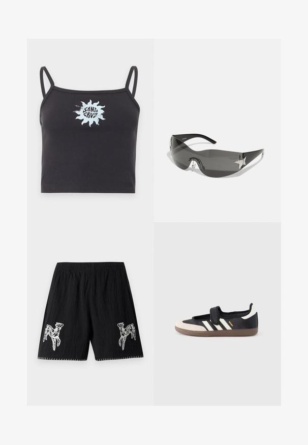 Mustast lõigatud tank top õhukeste rihmadega ja helesinise päikese graafikuga, mille keskel on tekst "Santa Cruz".; Mustad must shorts, mille tekstuuriga kangas; omaduseks valge tikand disain mõlemal jalal ja kontrastne õmblus hemil. Elastne vöökoht.; Must ja beež vabaajajalats klõpsrihmaga, küljele on kolm valget triipu ning pruun tekstuuriga kummist tald. Brändi logo on nähtav.; Mustad musta värvi prillid, millel on ümberringi kujundus, tumedad toniseeritud objektiivid, läikivad tähekujulised aktsendid ja reguleeritavad ninapatjad.