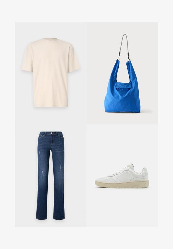 Only & Sons ONSFRED RELAXED PLIZZE TEE - T-Shirt basic - moonstruck; ONLY ONLWAUW MID WAIST - Jeans Slim Fit - dark blue denim; Weiße Leder-Sneaker mit strukturierter Oberfläche und gepolstertem Kragen. Sie verfügen über eine beigen Gummisohle und dezente Markenkennzeichnung an der Ferse und an der Seite.; Hellblaue weiche Stofftasche mit schwarzem und weißem Kordel-Schulterriemen vor hellem einfarbigem Hintergrund.