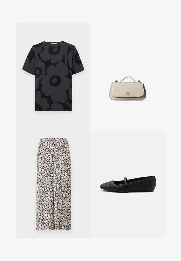 T-shirt gris foncé avec un motif floral dans des nuances de gris et de noir, à manches courtes et à encolure arrondie.; Pantalons larges floraux avec un fond noir orné de marguerites blanches et d'accents rouges, fabriqués en tissu léger avec une texture lisse.; Chaussure plate noire avec un bout arrondi, un motif géométrique embossé et une fine bride unique sur le dessus, vue de profil.; Petit sac à main en cuir beige avec poignée supérieure et logo CK argenté sur le rabat avant, présenté sur fond blanc.