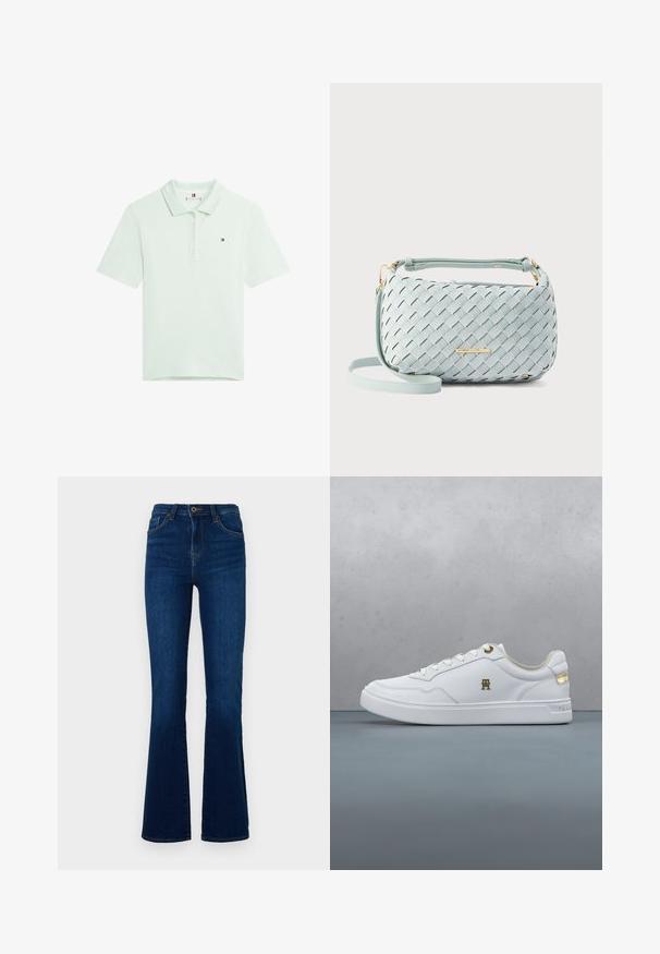 Lichtgroen poloshirt met korte mouwen, knoopsluiting en klein Tommy Hilfiger-logo op de linkerborst.; Donkerblauwe flared jeans van denim met een hoge taille, voorzien van voorzakken, een ritssluiting en subtiele stikseldetails.; Witte lage sneaker met gouden oogjes, goud logo op de zijkant en gouden accent op de hiel, weergegeven tegen een plain witte achtergrond.; Geweven lichtblauwe leren handtas met een rechthoekige vorm, gouden hardware accenten en een afneembare riem voor veelzijdige draagmogelijkheden.